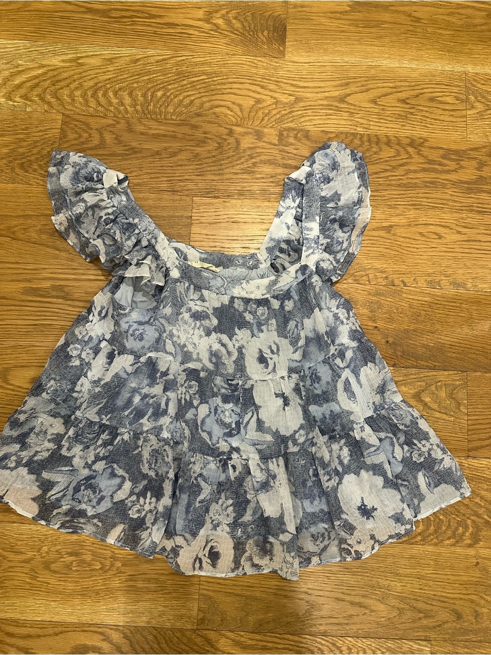 Blue Floral Ruffle-Shoulder Top